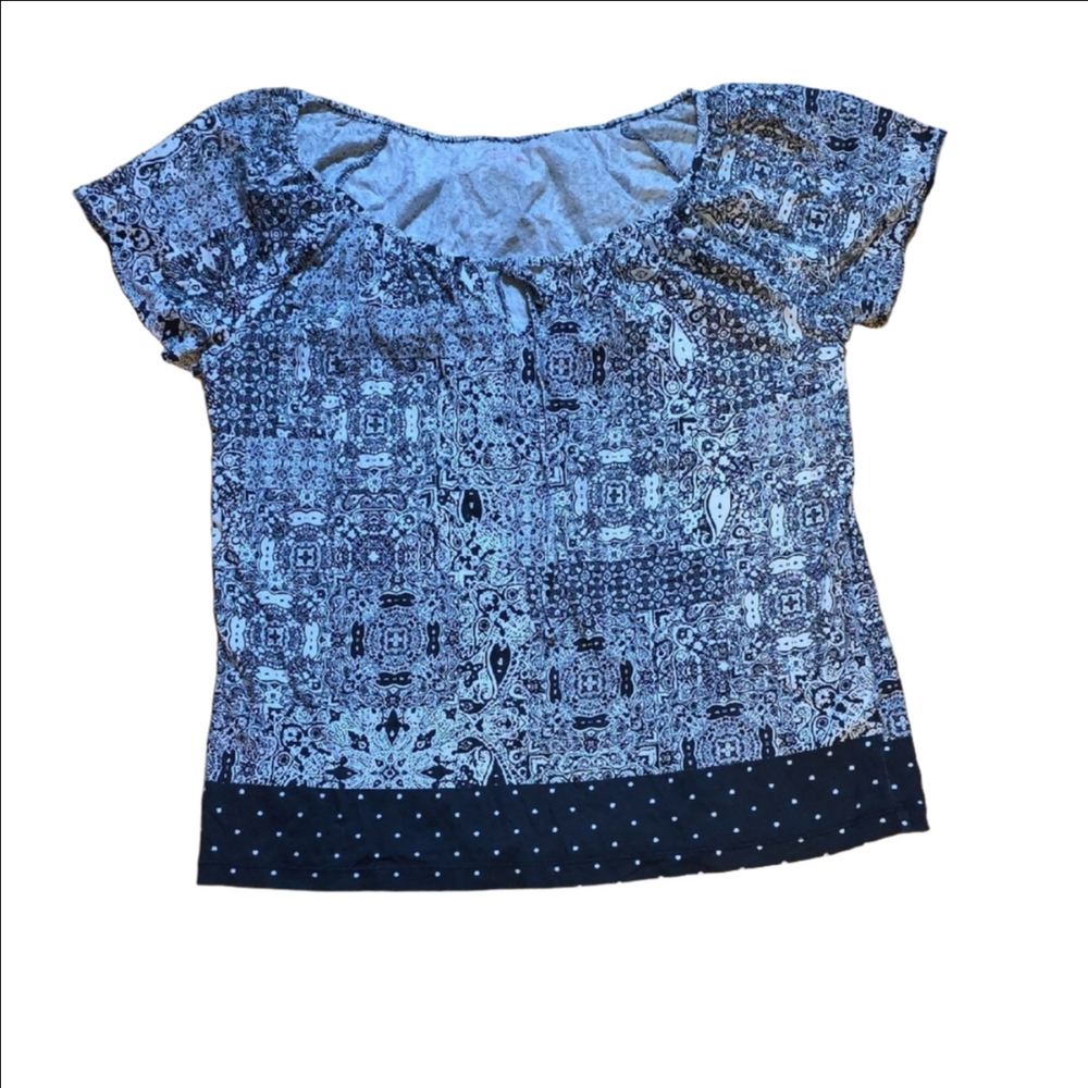#17.  Joe Fresh White and Blue Ruffled Short Sleeve Blouse